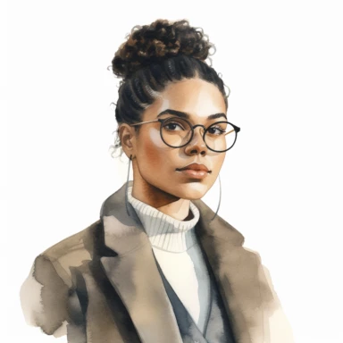 20 year old beautiful black woman university student facing camera illustration, hair up, wearing glasses and tweed blazer and turtleneck, soft earthy tones watercolor clipart academia aesthetics, solid white background, high definition, 8k