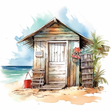 watercolor, beach hut near ocean, clipart