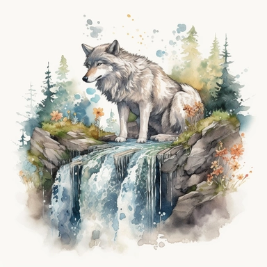 Embark on a watercolor journey that combines intricate detailing with a sense of whimsy, as you create a highly detailed clipart featuring a spirited baby wolf frolicking amidst the splendor of a cascading waterfall. Revel in the expressive qualities of watercolors, employing fine brushstrokes and careful layering to capture the delicate intricacies of the flowing water and the wolf's fur. Draw inspiration from the meticulous illustrations of children's books, infusing the artwork with a touch o