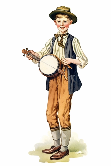 Vintage 1920 Full Body View of a Victorian Kid Playing Banjo Illustration, Chromolithograph, 1920s Illustration, Vintage, Chromolithograph, Colorful, Antique, Ephemera, Clipart, 8k, Isolated on white