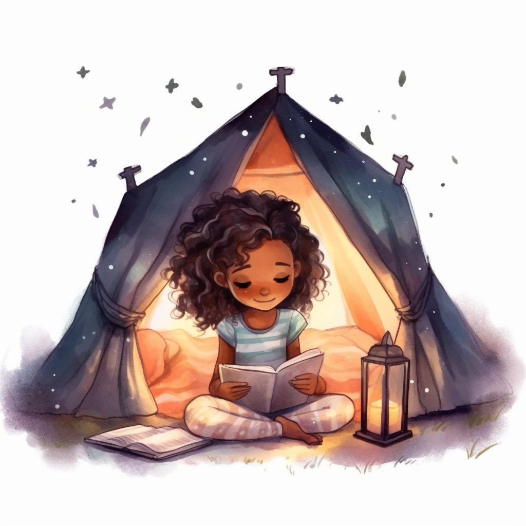 Watercolour Black teenage girl Reading Clipart, braids, forest library ...
