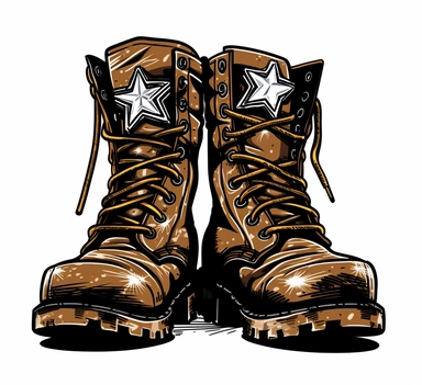 military boots, military badge & shoes clip art for your custom products, in the style of brown, reflective, genre defying, cargopunk