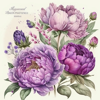watercolor illustration, handpainting, Greeting card Birthday Flowers Peonies with lavender, Provence PNG, decoration, Hand-painted flowers transparent background PNG clipart, attention to detail,high quality, extremely detailed v 4, png on white background