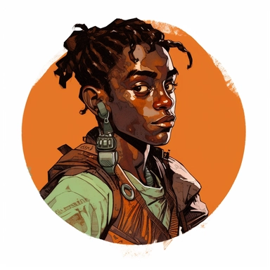 A circular tondo depicting a Dungeons & Dragons character lightly-armored dark-skinned African-heritage elf elvish weathered grungy hobo badass survivalist ranger warrior, Mike Allred Josh Kirby Mad Max Lord of the Rings, handpainted retrowave, clipart illustration, circle solid background