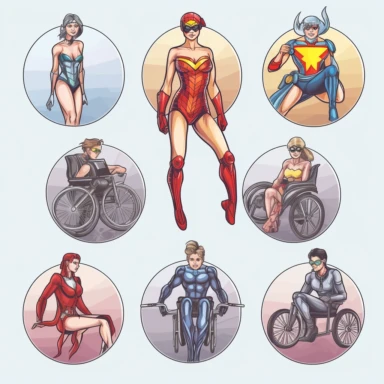 6 clipart elements, series of very hyperdetailed colorful stickers, beautiful superhero women with disabilities using aids, marvel style, superheros, each sticker with a clear white outline between each element, light grey background, realistic