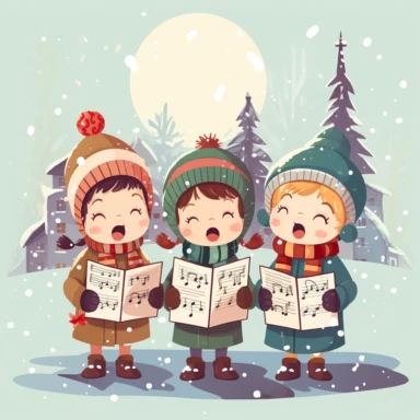 Four happy little kids in mittens of different sexes, holding a sheet of music, singing in a beautiful snow-covered street with Christmas decorations, beautiful Christmas tree in the background, child style, 2D, vector, good quality, illustration from Pixar children's book, vector, cartoon character, hand-drawn, clipart