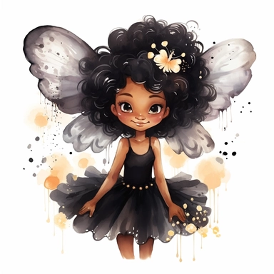 magical black little girl, fairy wings, clipart, disney style, watercolor, white background