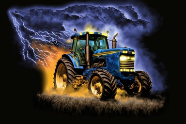 High-Definition Tractor Airbrush Clipart, a souped-up tractor burns rubber down the dirt road. Old Corn Shuckin' Chuck Sneed is behind the wheel and the State Police is in pursuit. The exhaust flames light the dark sky in the blazing-fast tractor's wake. The night is dark and blue and the storm is rolling in. Rocky enjoys a cold road soda as he pilots. A cold Mike's Hard Lemonade, his favorite. The red and blue lights of the State Patrol are moving in fast. Only one more hour to the Corntown.. R