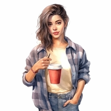 watercolor style, a beautiful girl in casual clothes holding a paper cup of coffee, realistic colors, realistic image. Clipart, isolated on white background, 4K
