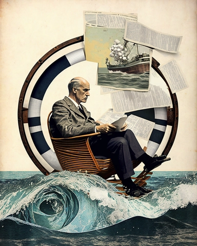 30 year old man from the 1950s, mixed media, cruise ship, ocean, collage, arts and crafts, mixed media, music, magaine style, retro, vintage, sitting in wheel chair, surreal, newspaper clippings, layered collage, spiral composition, scrapbooking, 8k, collage, scrapbook, photography