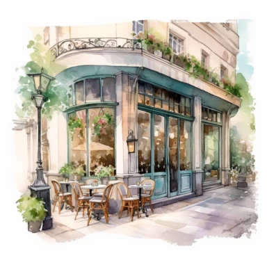 Parisian café with a light pastel exterior, elegant French doors, and a lively terrace filled with chic bistro chairs. Watercolor Cafe Storefront Clipart, hyper-realistic, hyper-detailed, white background