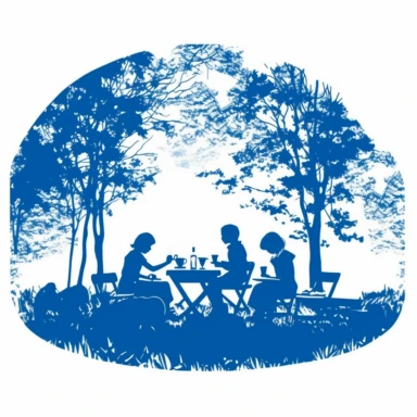 Language picnic, comic, clipart, silhouette, one color, color #1B587E, blue, kids, picnic, white background