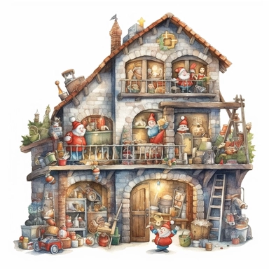 watercolor style, Santa's workshop: A depiction of Santa's magical workshop, bustling with elves, toys, and gift preparations. Clipart, isolated on white background, 4K
