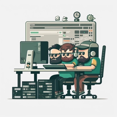 clipart-style animation, software engineers collaborating at a desk