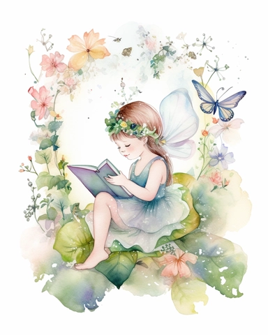 very simple watercolour childrens book style drawing of a cute fairy reading a book surrounded by flowers, pastel colours soft on white background for clipart, 8k