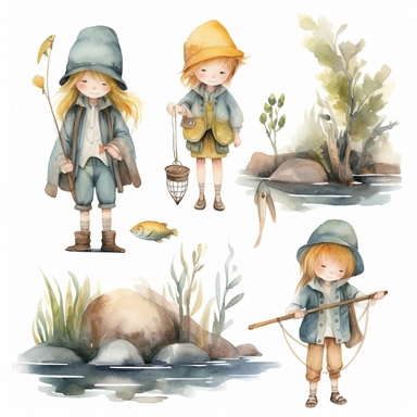 Watercolor boho fishing near a beautiful stream, illustrations clipart set, simple, soft colors, cartoon elements, different variants, cute little boy and girl fishing, separate elements with a margin