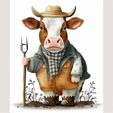 Cute Beautiful Cow dressing Farmer Clothes Watercolor Sublimation Clipart,Cartoon,hyper realistic, intricate detail, illustration style,high solution,on the white background