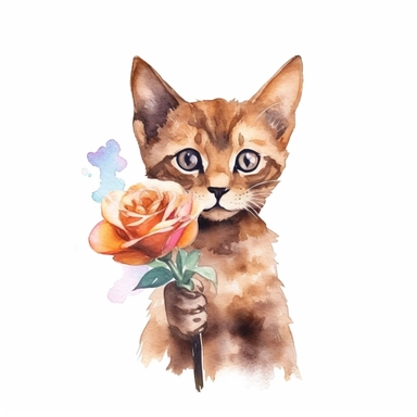 Havana Brown Cat holding flower, watercolor, sharp illustration clipart, insane detail, white background