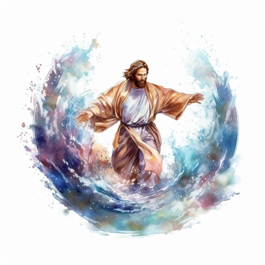 Fantasy Jesus Christ opening a river through the middle, water waves on the sides, Jesus christ in the middle, watercolor style clipart, solid white background