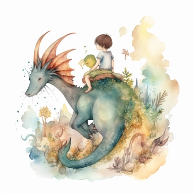 showing from the back a boy toddler flying on the back of a friendly dragon, underneath them there are imaginary worlds with happy friendly magical creatures, watercolours, boho style, clipart