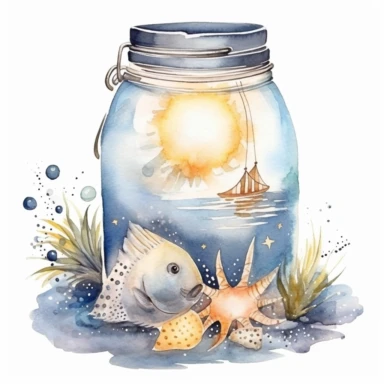 Watercolor painting, fish, sea urchins,sailboat,moon, jar, magic lights, dreamy, clipart, white background
