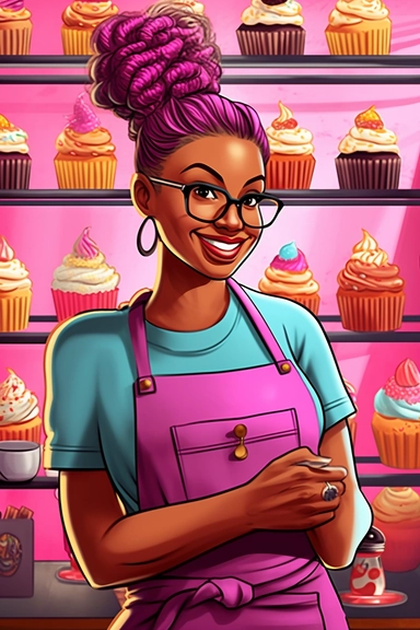 gorgeous sweet black woman, clipart, cartoon illustration, cupcake prodigy, christa mckenzie pose and head pose photos a new cupcake business website, in the style of vibrant bakery backdrops, synthetism-inspired, pop cultural, 32k uhd, smilecore, embroidery art, bold curves