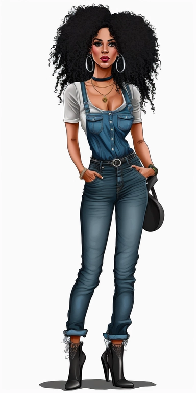 Full body isolated beautiful happy black women wearing bodysuit tshirt and blue jean pants, black casual boots, intricately detailed long black loose curly black hair, bandana around her forehead, large hoop earrings, clipart, Fashion Illustration,