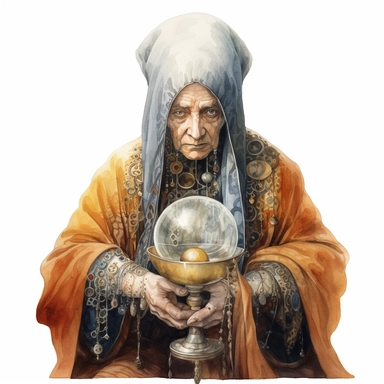 hyper-realistic watercolor portrait of a steampunk Fortune-Teller: A mysterious seer dressed in flowing robes with intricate clockwork patterns. They peer into crystal balls and read the future using steam-powered divination devices. white background, clear outlines, clipart