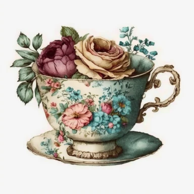 Vintage old school floral tea cup, watercolour clipart