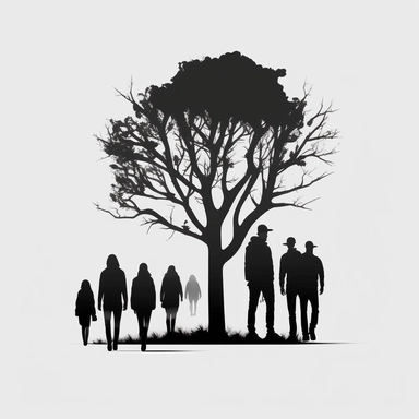 simple clean logo with a simple tree, silhouette of people, one in front looking backward, black and white, flat, looks like clipart