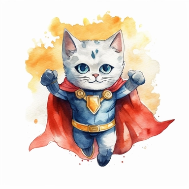 a courageous watercolor clipart image with a white background, featuring a cute cartoon cat superhero with a superhero suit