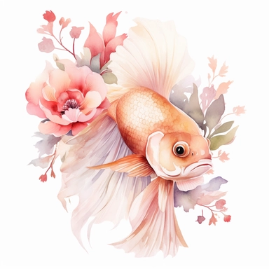 clipart, pink fish and flowers, in the style of ethereal illustrations, light gold and light bronze, atmospheric watercolours, softly organic, close up, ferrania p30, organic material, white background
