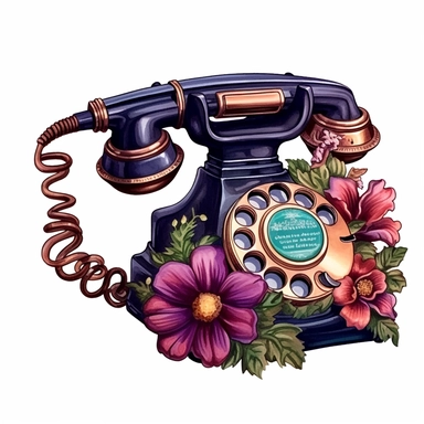 dark fantasy floral retro telephone Clipart, watercolor cartoon, hyper realistic, intricate detail, illustration style, high resolution, on the white background