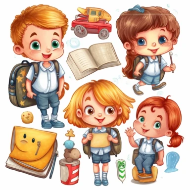 School Clipart, Kids realistic illustrations, stickers, school supplies