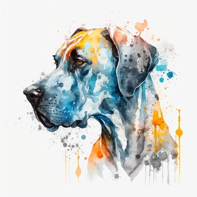 the Great Dane is painted beautifully with watercolor splashes, in the style of light azure and dark amber, uhd image, avacadopunk, ferrania p30, elegant, emotive faces, high resolution, symmetrical, white background, no overflow, clipart