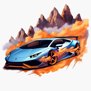 image create Clipart of Lamborghini Huracan with huge wing speeding around a mountain, smoking tire, color pencil style, cartoon style, fire decals, racing