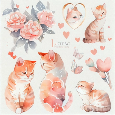 Create a collection of watercolor clip art featuring feminine and romantic scenes of cats acting as Cupid. The images should have a playful and stylish feel, and should incorporate a variety of bright colors and bold patterns. Consider using different brush strokes and techniques to add texture and depth to the illustrations. The final collection should consist of at least 10 unique images, each featuring a different scene of a cat as Cupid. The cats should be depicted in a variety of poses, suc