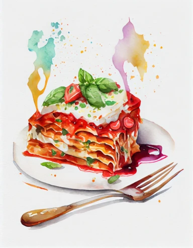 detailed watercolor lasagna on a plate with fork, realistic, isolated on white background, clipart
