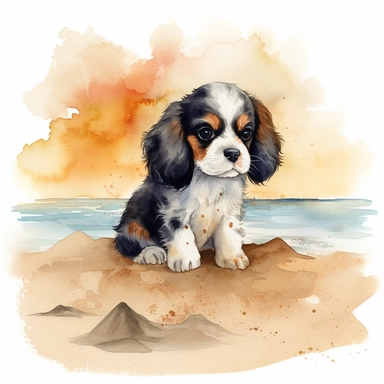 create a beautiful and original watercolor clipart image of a happy and adorable king charles cavalier puppy with loving eyes on a sandy beach being mischevious and digging a hole in the ground with pawprints following behind the puppy, include a silhouette of a sailboat in the background, include a sunset, white background, no text, no font, no words