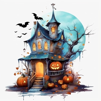 Dark night Fairy House Hallowee, Cute A Ghost and Pumpkin, and full Moon Halloween, Flying Bats. decoration, Digital painting watercolor illustration, high definition 8k, White background for re moving background Clipart ,Cartoon,hyper realistic, intricate detail, illustration style,high solution,on the white background