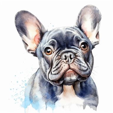 french bulldog puppy looking to the side, watercolor illustration, clipart, head, hyper-realistic animal illustration, childlike, free brushwork, white background