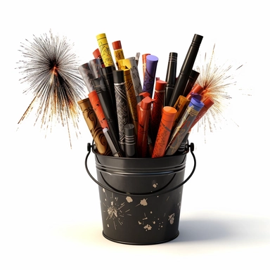 plain black bucket full of unopened bottle rockets and roman candle firework packages, clipart, white background