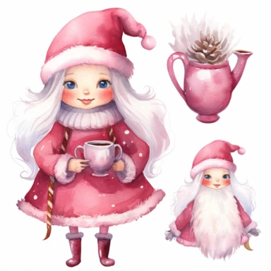 Cute Christmas Mrs Claus pink watercolor clipart
