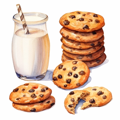 watercolor clipart set, chocolate chip cookies with milk