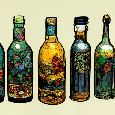 various bottles of alcohol, clipart, style of Mikhail Vrubel