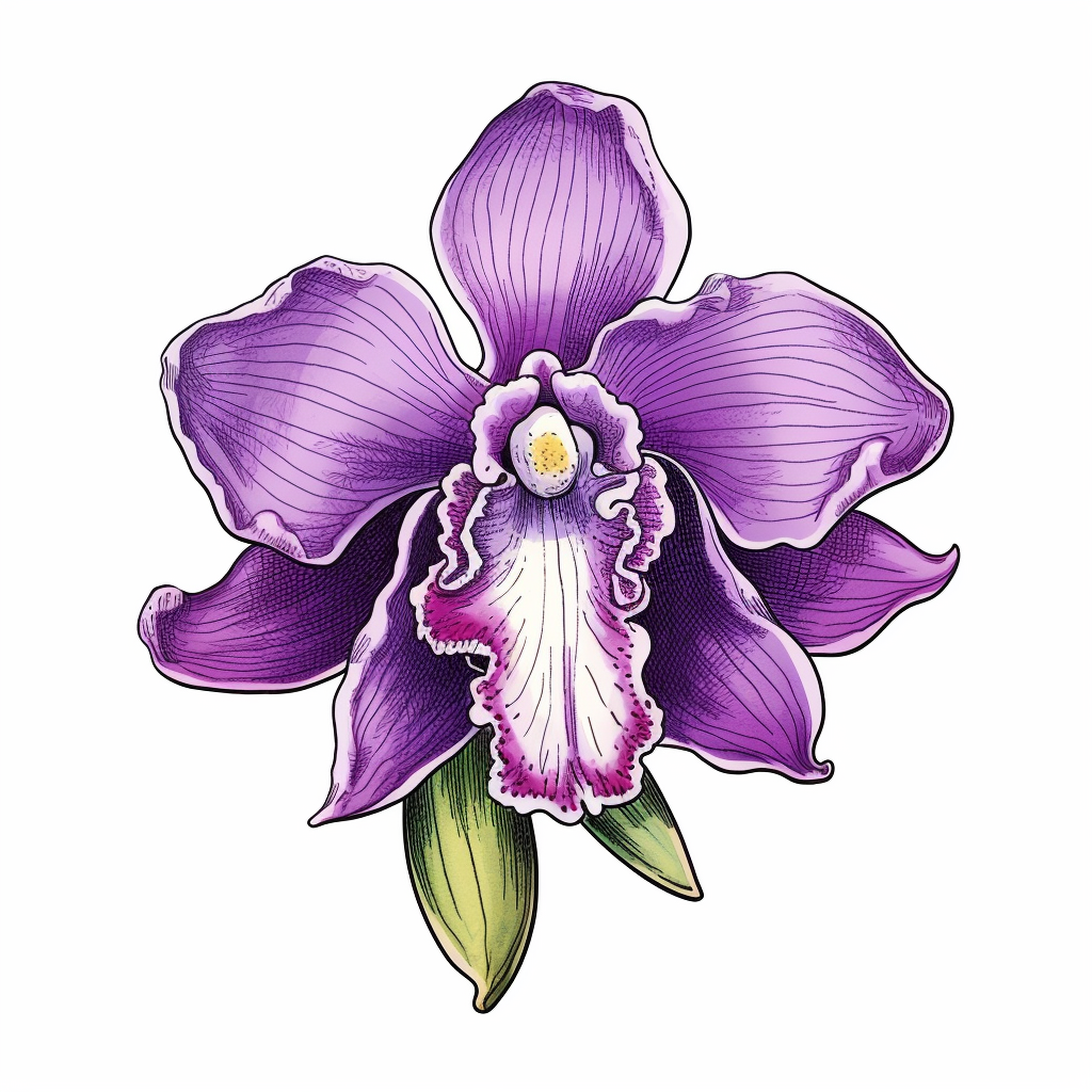 Visualize an intricately hand-drawn orchid clipart. This botanical ...