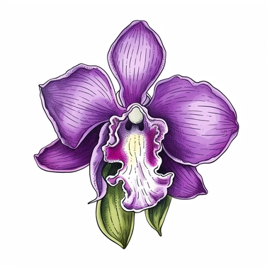 Visualize an intricately hand-drawn orchid clipart. This botanical illustration features a striking, elegant orchid, known for its exotic beauty and grace. The petals are meticulously drawn in a vivid purple tone, capturing the unique, symmetrical form that makes the orchid an emblem of refinement and sophistication. The central column of the orchid, a characteristic feature of the flower, is carefully detailed to highlight its unique anatomy. Supporting this blooming spectacle is a slender, arc