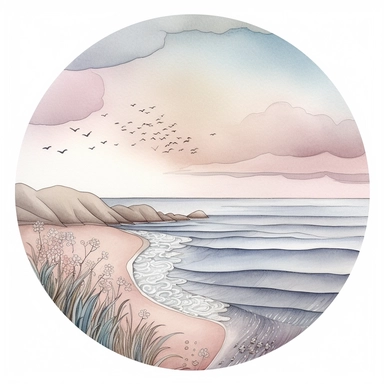 Watercolored pencil style illustration, a circle with a beach shoreline scenery in it, pink blue grey beige, isolated on a white background, PNG file clipart style, Dennis Wojtkiewicz, Amanda Clark, Lowell Herrero,