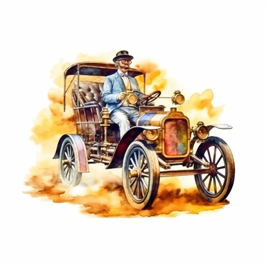 watercolor an old fashion car with a man driving, in the style of letras y figuras, radical inventions, high quality Clipart desert cartoon t-shirt graphic, vector,contour, isolated on a white background