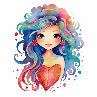 mermaid, bright colors, watercolor, cute design, clipart